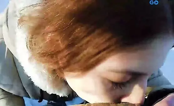 Totally wild girl deepthroats in freezing weather and swallows cum